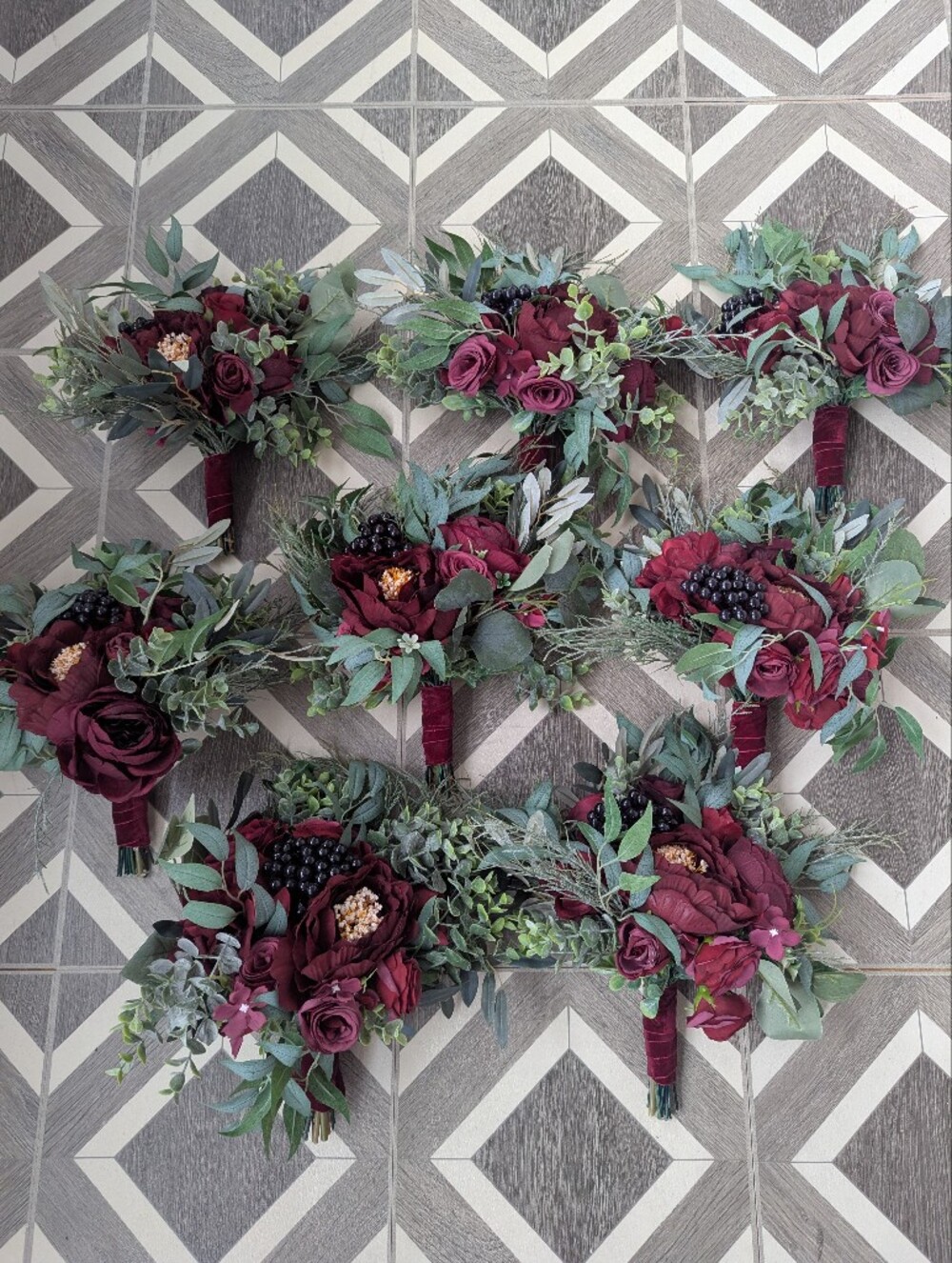 New! Set Of 8 Faux Floral Bridesmaid Bouquets Maroon Fall Winter Wedding